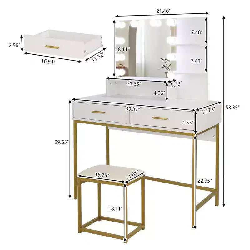 Table de toilette de luxe avec miroir, tiroirs, étagères, pieds en fer, ampoule dimmable, trois couleurs, panneau de particules en lin blanc