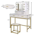 Table de toilette de luxe avec miroir, tiroirs, étagères, pieds en fer, ampoule dimmable, trois couleurs, panneau de particules en lin blanc