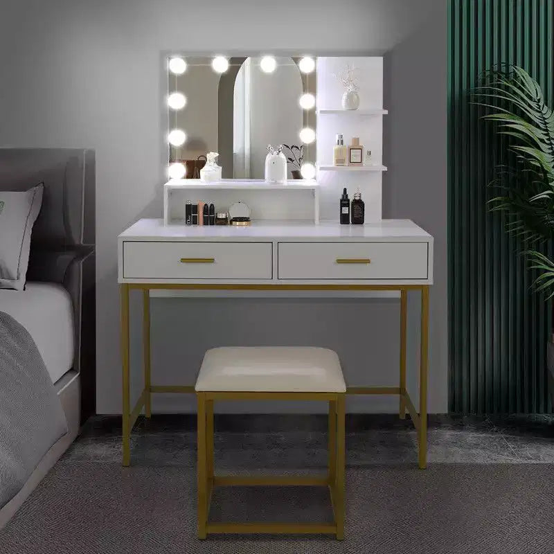 Table de toilette de luxe avec miroir, tiroirs, étagères, pieds en fer, ampoule dimmable, trois couleurs, panneau de particules en lin blanc