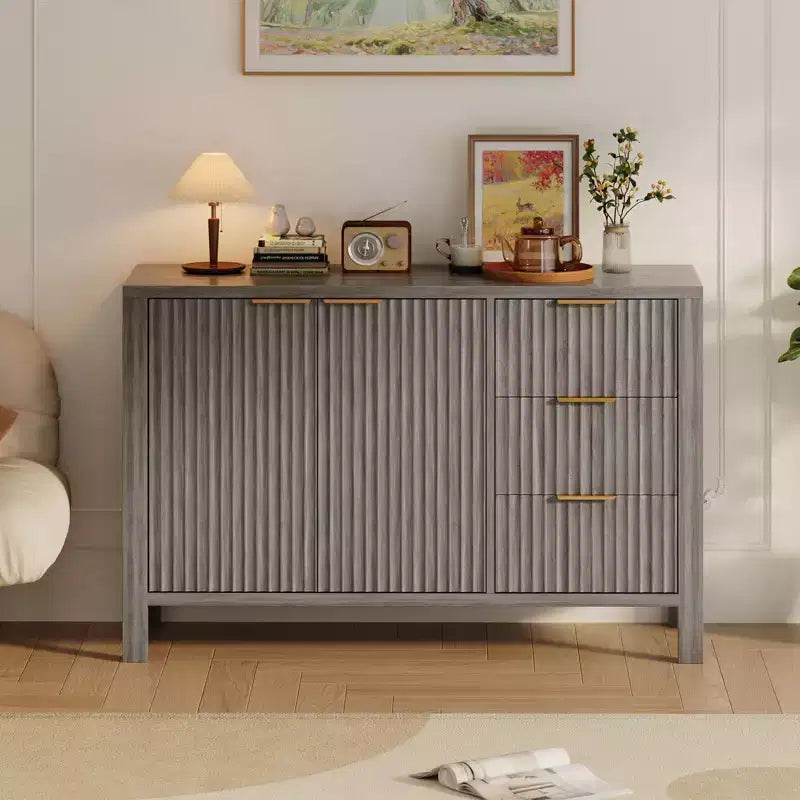 Meuble de rangement buffet cannelé de 47 pouces, support TV moderne, armoire de bar à café avec 3 tiroirs et 2 portes, crédence en bois pour salon, cuisine, entrée