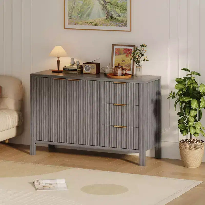 Meuble de rangement buffet cannelé de 47 pouces, support TV moderne, armoire de bar à café avec 3 tiroirs et 2 portes, crédence en bois pour salon, cuisine, entrée