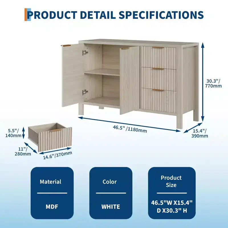 Meuble de rangement buffet cannelé de 47 pouces, support TV moderne, armoire de bar à café avec 3 tiroirs et 2 portes, crédence en bois pour salon, cuisine, entrée
