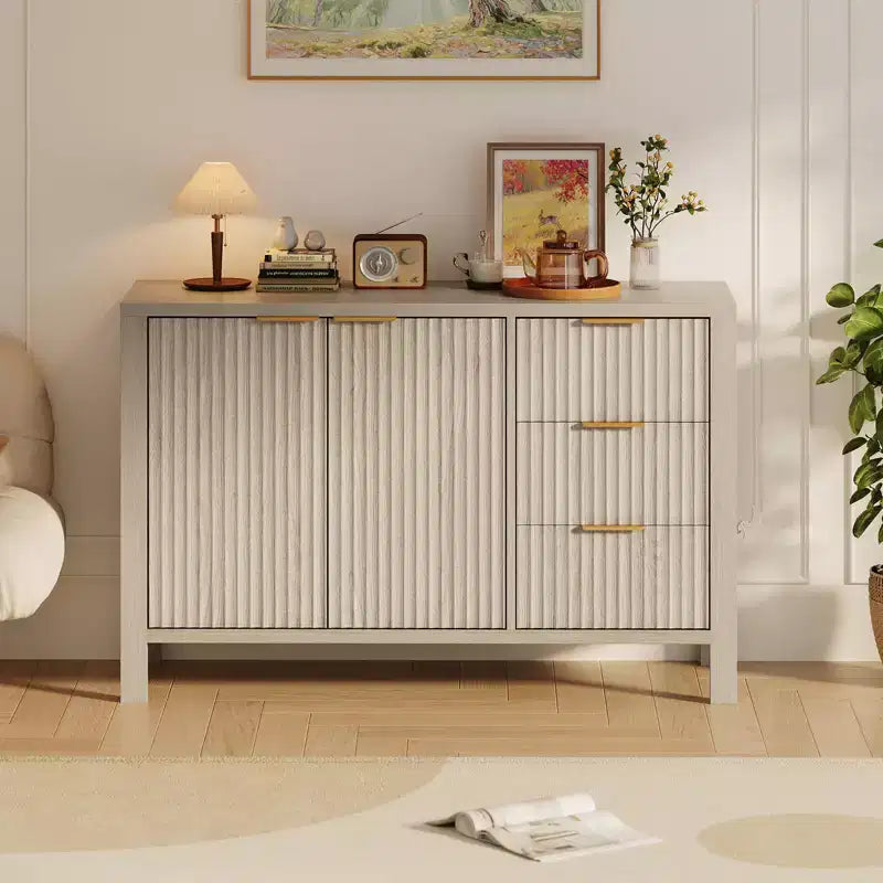 Meuble de rangement buffet cannelé de 47 pouces, support TV moderne, armoire de bar à café avec 3 tiroirs et 2 portes, crédence en bois pour salon, cuisine, entrée