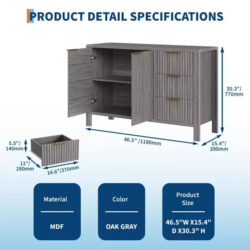 Meuble de rangement buffet cannelé de 47 pouces, support TV moderne, armoire de bar à café avec 3 tiroirs et 2 portes, crédence en bois pour salon, cuisine, entrée