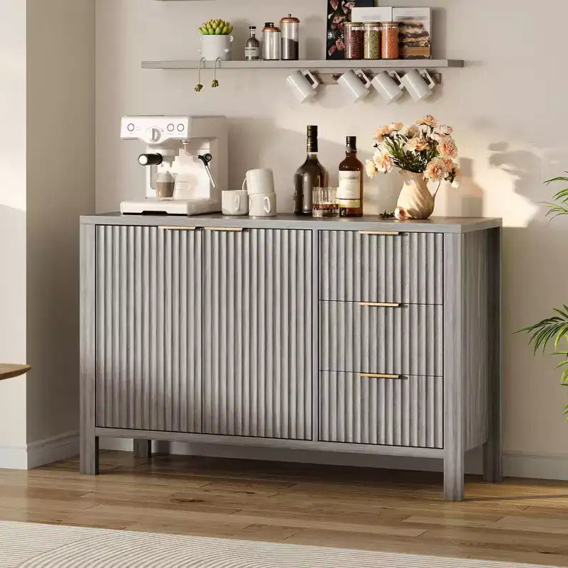 Meuble de rangement buffet cannelé de 47 pouces, support TV moderne, armoire de bar à café avec 3 tiroirs et 2 portes, crédence en bois pour salon, cuisine, entrée
