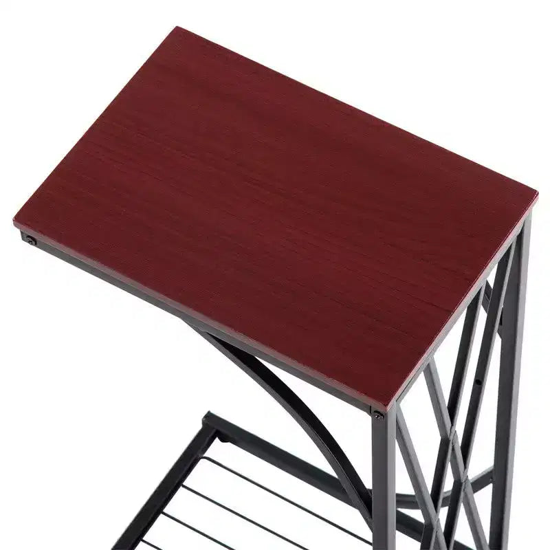 Table d'appoint C-forme en fer démontable simple couche, panneau de densité marron, PVC noir laqué, 30.5*21*54cm