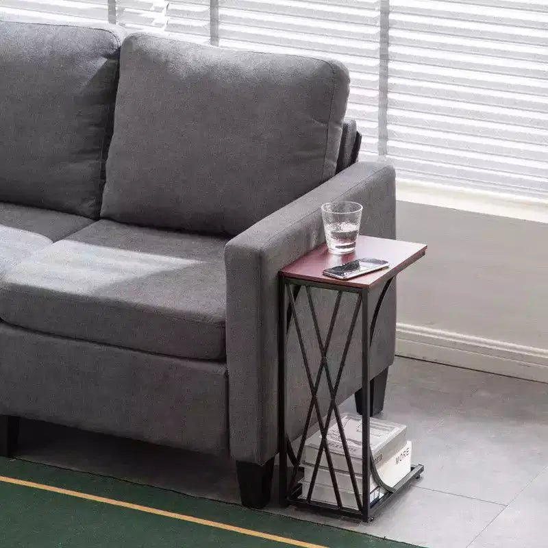 Table d'appoint C-forme en fer démontable simple couche, panneau de densité marron, PVC noir laqué, 30.5*21*54cm