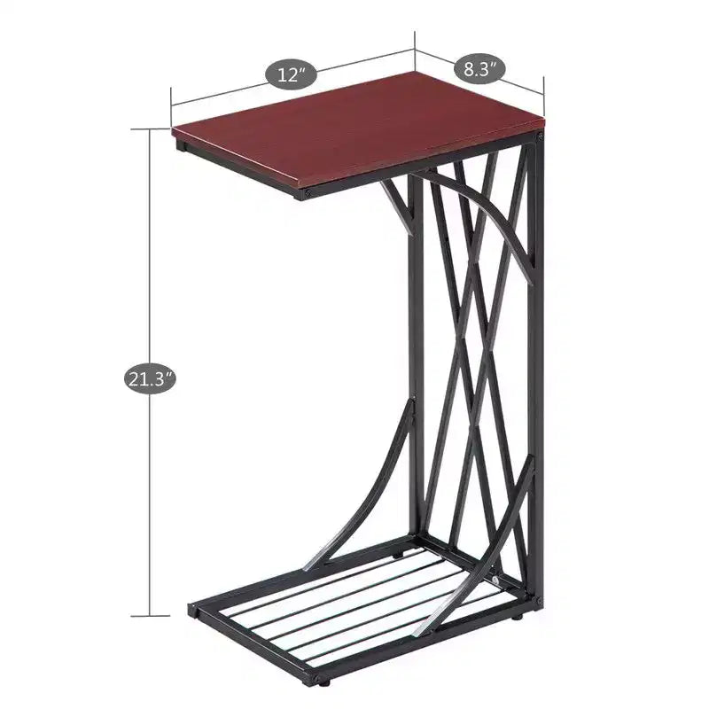 Table d'appoint C-forme en fer démontable simple couche, panneau de densité marron, PVC noir laqué, 30.5*21*54cm