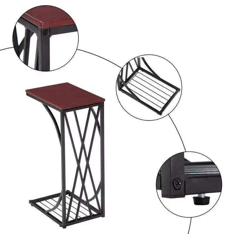 Table d'appoint C-forme en fer démontable simple couche, panneau de densité marron, PVC noir laqué, 30.5*21*54cm