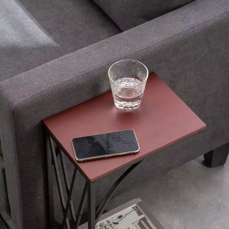Table d'appoint C-forme en fer démontable simple couche, panneau de densité marron, PVC noir laqué, 30.5*21*54cm