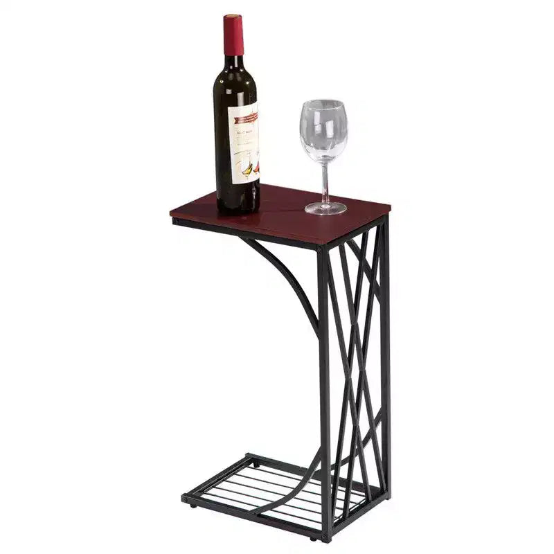 Table d'appoint C-forme en fer démontable simple couche, panneau de densité marron, PVC noir laqué, 30.5*21*54cm