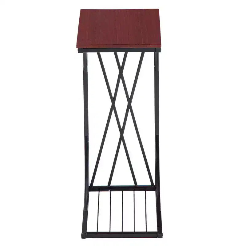 Table d'appoint C-forme en fer démontable simple couche, panneau de densité marron, PVC noir laqué, 30.5*21*54cm