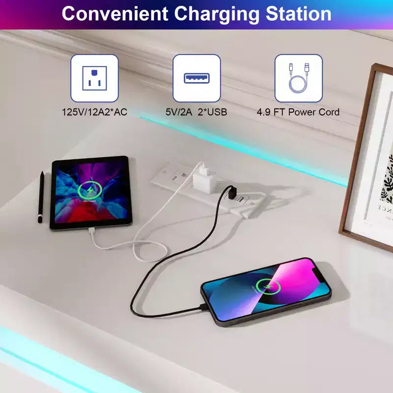 Commode Dyonery à 9 tiroirs avec prise de courant et lumière LED, commode de rangement moderne à 3 niveaux avec grande capacité et glissières fluides pour chambres à coucher