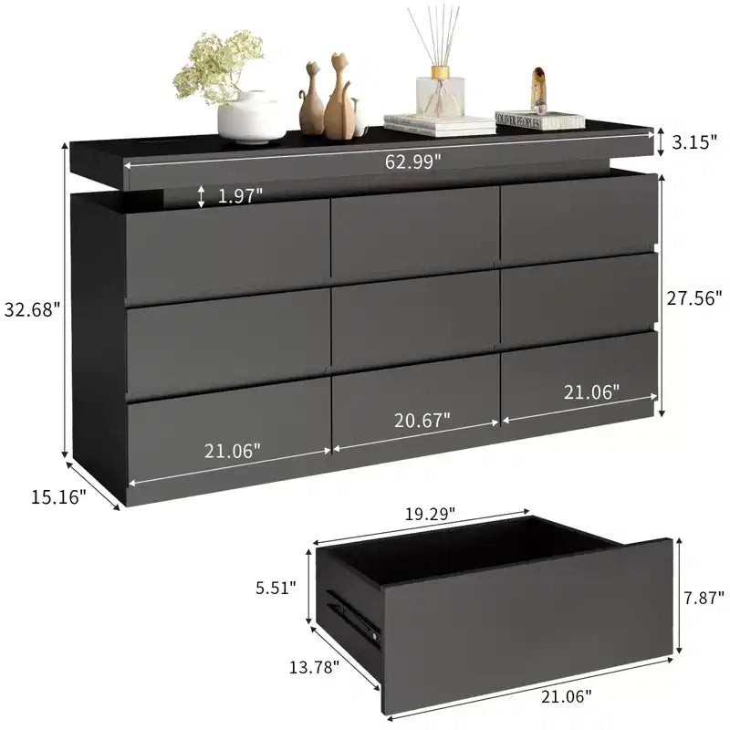 Commode Dyonery à 9 tiroirs avec prise de courant et lumière LED, commode de rangement moderne à 3 niveaux avec grande capacité et glissières fluides pour chambres à coucher