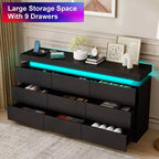 Commode Dyonery à 9 tiroirs avec prise de courant et lumière LED, commode de rangement moderne à 3 niveaux avec grande capacité et glissières fluides pour chambres à coucher