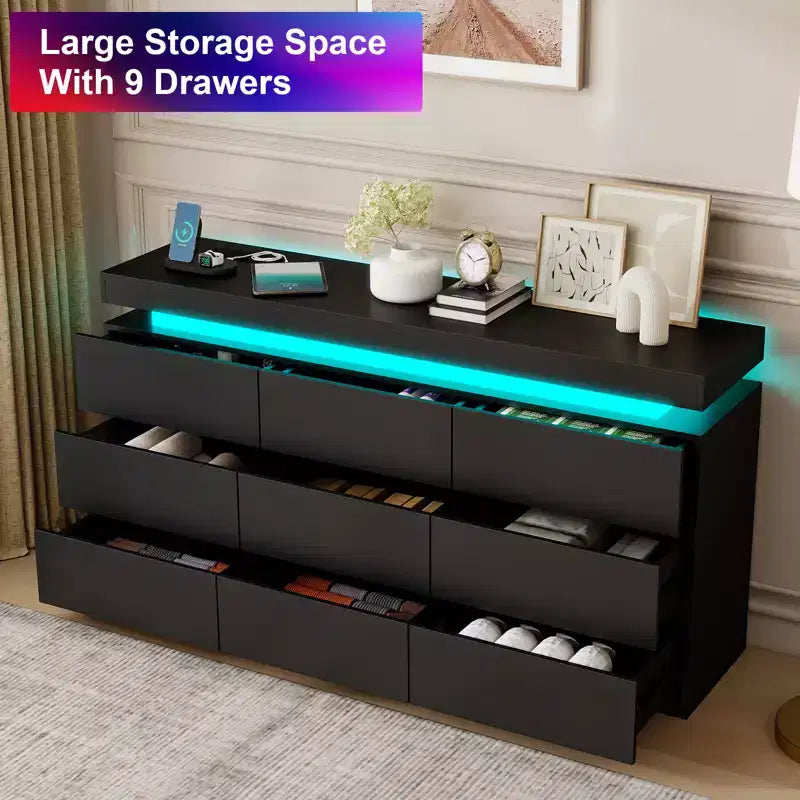 Commode Dyonery à 9 tiroirs avec prise de courant et lumière LED, commode de rangement moderne à 3 niveaux avec grande capacité et glissières fluides pour chambres à coucher