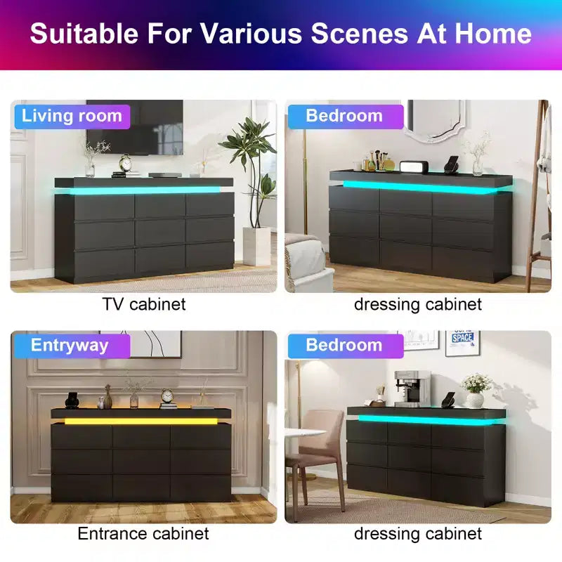 Commode Dyonery à 9 tiroirs avec prise de courant et lumière LED, commode de rangement moderne à 3 niveaux avec grande capacité et glissières fluides pour chambres à coucher