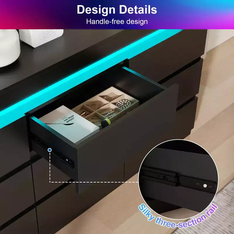 Commode Dyonery à 9 tiroirs avec prise de courant et lumière LED, commode de rangement moderne à 3 niveaux avec grande capacité et glissières fluides pour chambres à coucher