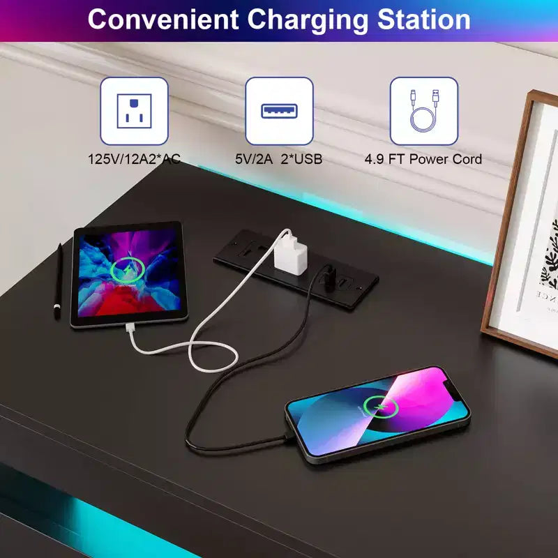 Commode Dyonery à 9 tiroirs avec prise de courant et lumière LED, commode de rangement moderne à 3 niveaux avec grande capacité et glissières fluides pour chambres à coucher