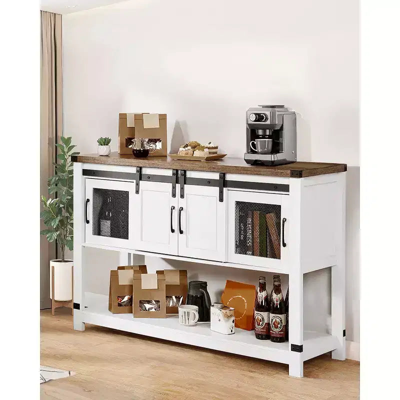Meuble de bar à café VEVOR, armoire de bar à café de ferme de 120 x 40 x 83 cm avec rangement à 4 niveaux, table de bar à café avec portes de grange, blanc