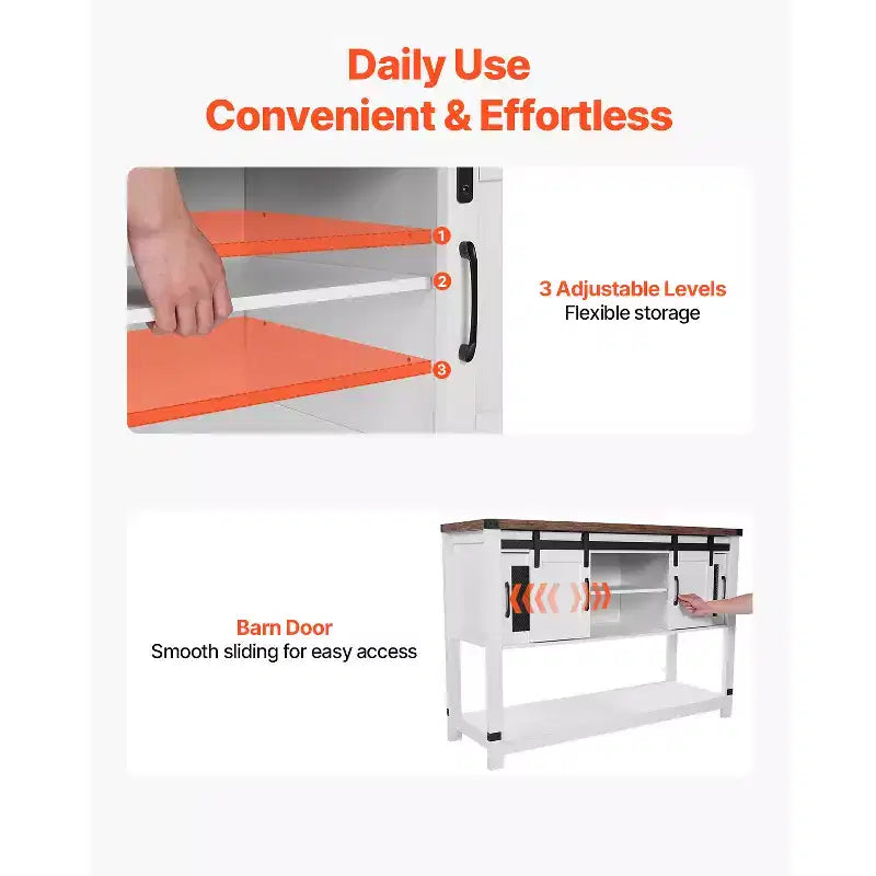 Meuble de bar à café VEVOR, armoire de bar à café de ferme de 120 x 40 x 83 cm avec rangement à 4 niveaux, table de bar à café avec portes de grange, blanc