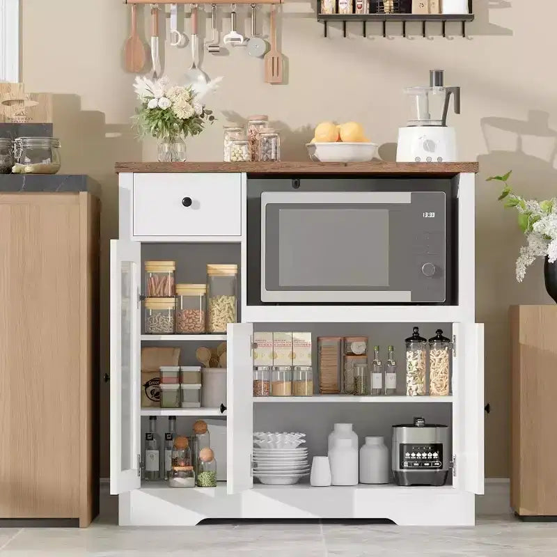 Meuble de rangement avec étagères réglables et support pour micro-ondes Buffet avec tiroir, portes simples et doubles, organisateur de cuisine moderne