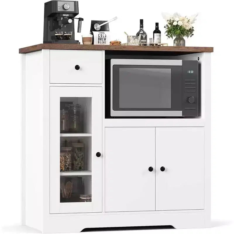 Meuble de rangement avec étagères réglables et support pour micro-ondes Buffet avec tiroir, portes simples et doubles, organisateur de cuisine moderne