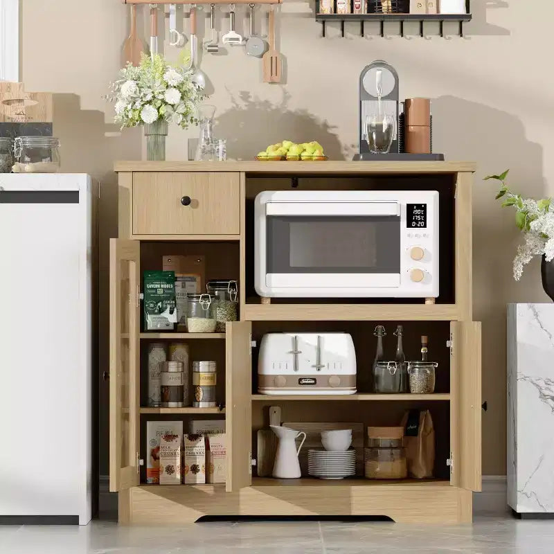 Meuble de rangement avec étagères réglables et support pour micro-ondes Buffet avec tiroir, portes simples et doubles, organisateur de cuisine moderne