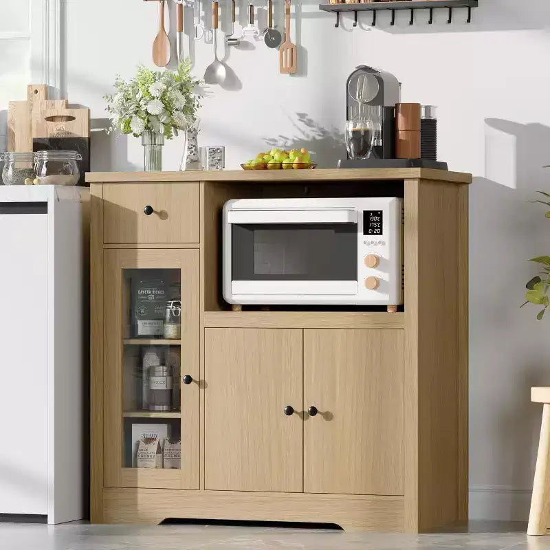 Meuble de rangement avec étagères réglables et support pour micro-ondes Buffet avec tiroir, portes simples et doubles, organisateur de cuisine moderne