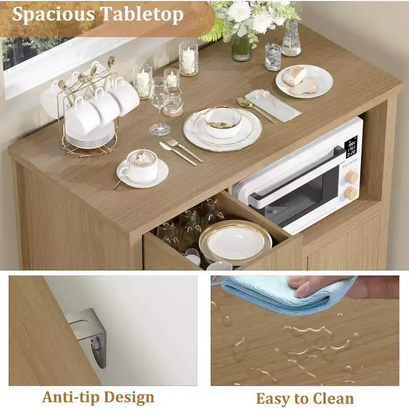 Meuble de rangement avec étagères réglables et support pour micro-ondes Buffet avec tiroir, portes simples et doubles, organisateur de cuisine moderne