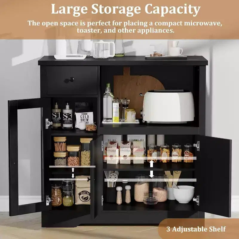 Meuble de rangement avec étagères réglables et support pour micro-ondes Buffet avec tiroir, portes simples et doubles, organisateur de cuisine moderne
