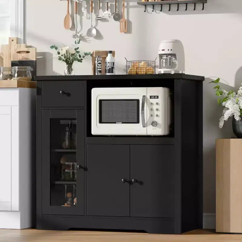 Meuble de rangement avec étagères réglables et support pour micro-ondes Buffet avec tiroir, portes simples et doubles, organisateur de cuisine moderne