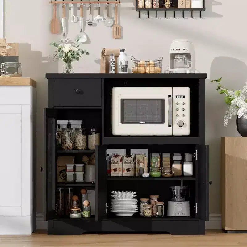 Meuble de rangement avec étagères réglables et support pour micro-ondes Buffet avec tiroir, portes simples et doubles, organisateur de cuisine moderne