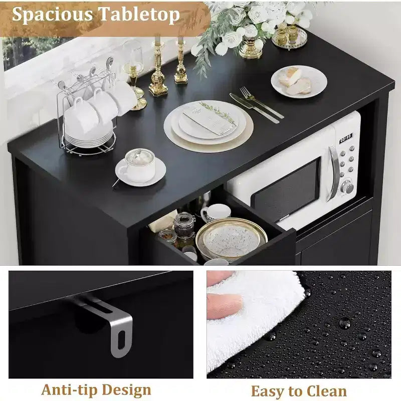 Meuble de rangement avec étagères réglables et support pour micro-ondes Buffet avec tiroir, portes simples et doubles, organisateur de cuisine moderne
