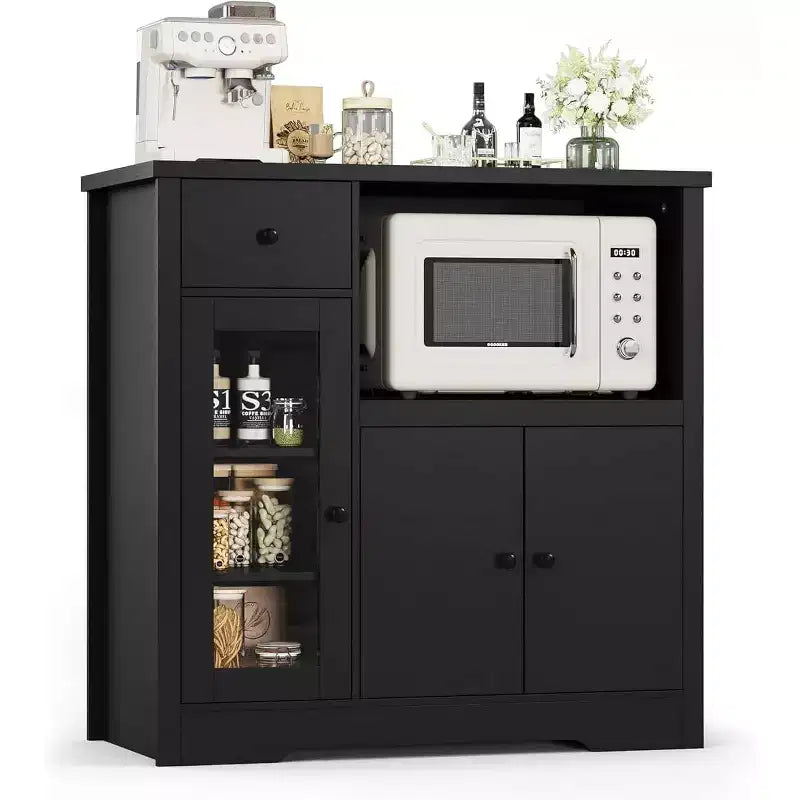 Meuble de rangement avec étagères réglables et support pour micro-ondes Buffet avec tiroir, portes simples et doubles, organisateur de cuisine moderne