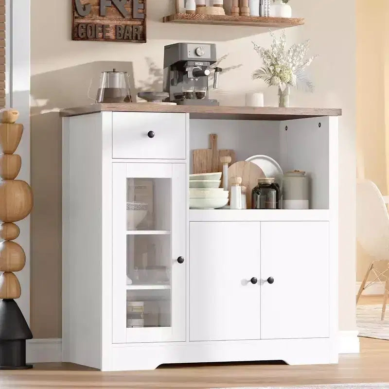 Meuble de rangement avec étagères réglables et support pour micro-ondes Buffet avec tiroir, portes simples et doubles, organisateur de cuisine moderne