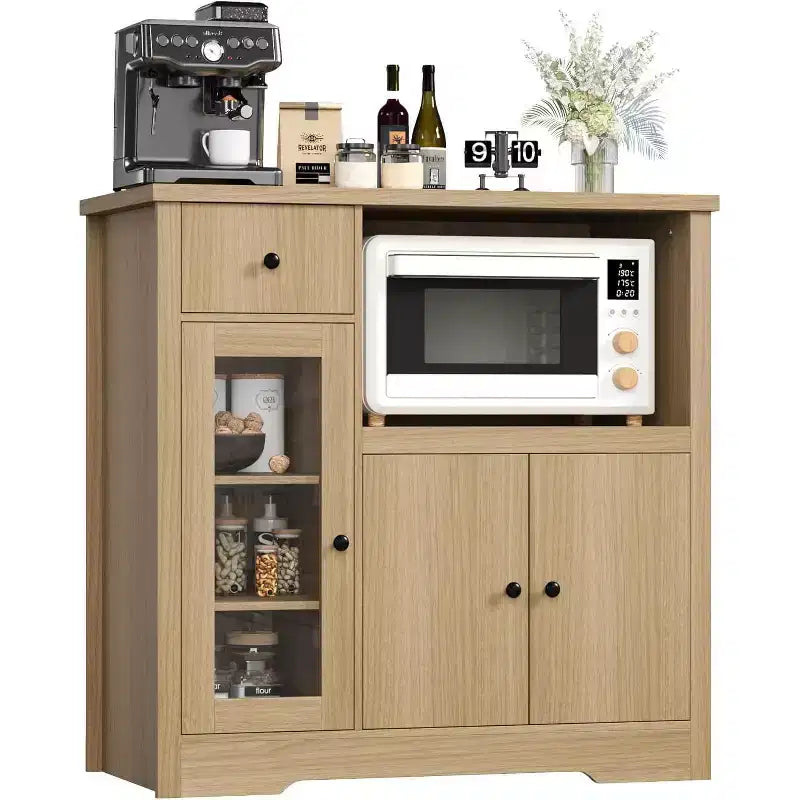 Meuble de rangement avec étagères réglables et support pour micro-ondes Buffet avec tiroir, portes simples et doubles, organisateur de cuisine moderne