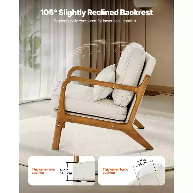 Fauteuil d'appoint VEVOR, fauteuil scandinave avec cadre en bois massif et pieds antidérapants, fauteuil de loisirs rembourré en tissu lin, beige