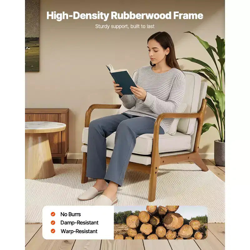 Fauteuil d'appoint VEVOR, fauteuil scandinave avec cadre en bois massif et pieds antidérapants, fauteuil de loisirs rembourré en tissu lin, beige