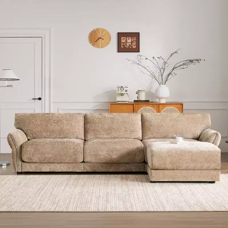 Ensemble de canapé d'angle en forme de L avec pouf, canapé 3 places en chenille avec assise extra-large et USB, 110