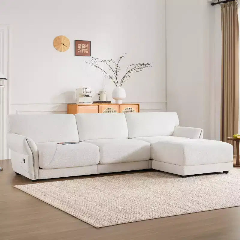 Ensemble de canapé d'angle en forme de L avec pouf, canapé 3 places en chenille avec assise extra-large et USB, 110
