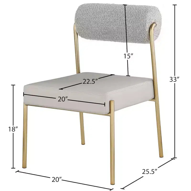 Meridian Furniture, Chaises de salle à manger Carly avec assise en cuir végétalien couleur taupe et dossier en tissu bouclé, ensemble de 2