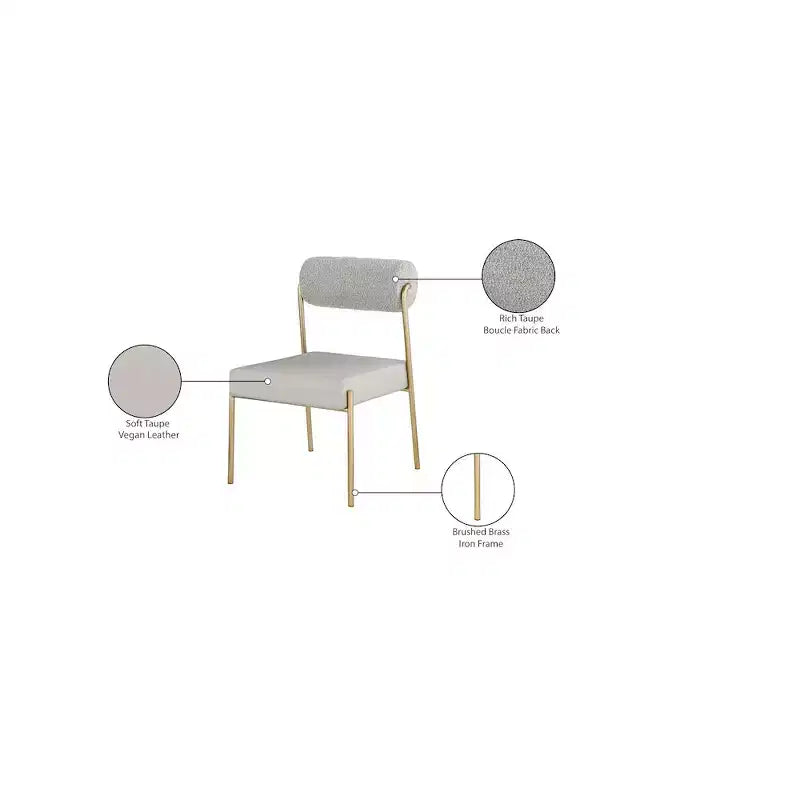 Meridian Furniture, Chaises de salle à manger Carly avec assise en cuir végétalien couleur taupe et dossier en tissu bouclé, ensemble de 2