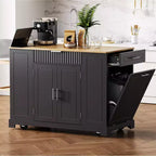 Îlot de cuisine cannelé avec meuble de rangement pour poubelle, Îlots de cuisine roulants sur roulettes avec tiroir