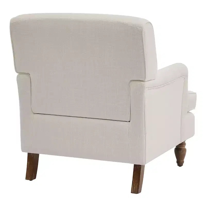 Fauteuil Polibi en mélange de lin avec accoudoirs arrondis et pieds tournés en bois massif