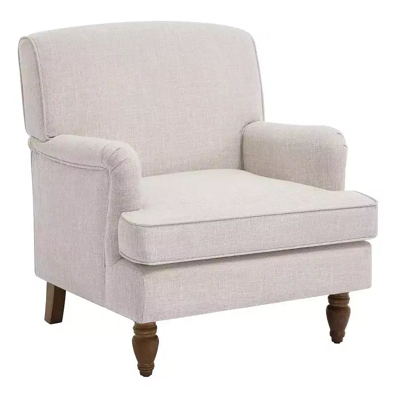 Fauteuil Polibi en mélange de lin avec accoudoirs arrondis et pieds tournés en bois massif