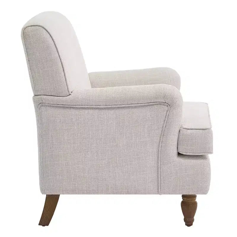 Fauteuil Polibi en mélange de lin avec accoudoirs arrondis et pieds tournés en bois massif