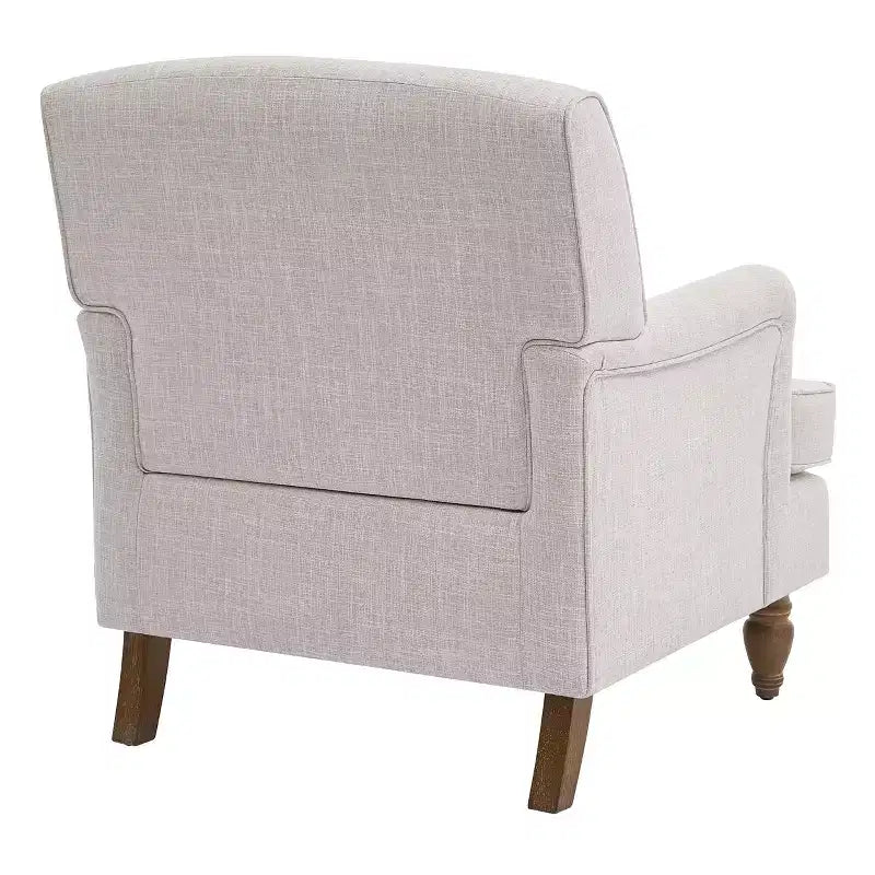Fauteuil Polibi en mélange de lin avec accoudoirs arrondis et pieds tournés en bois massif