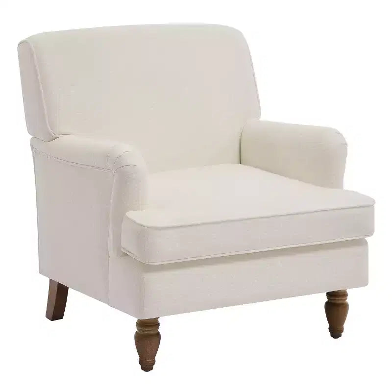 Fauteuil Polibi en mélange de lin avec accoudoirs arrondis et pieds tournés en bois massif