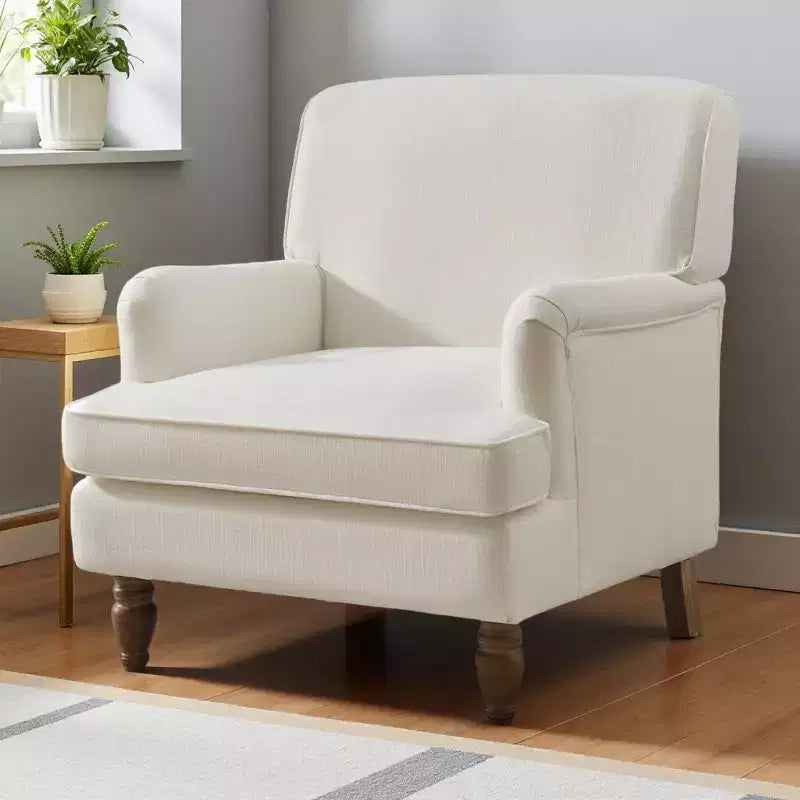 Fauteuil Polibi en mélange de lin avec accoudoirs arrondis et pieds tournés en bois massif